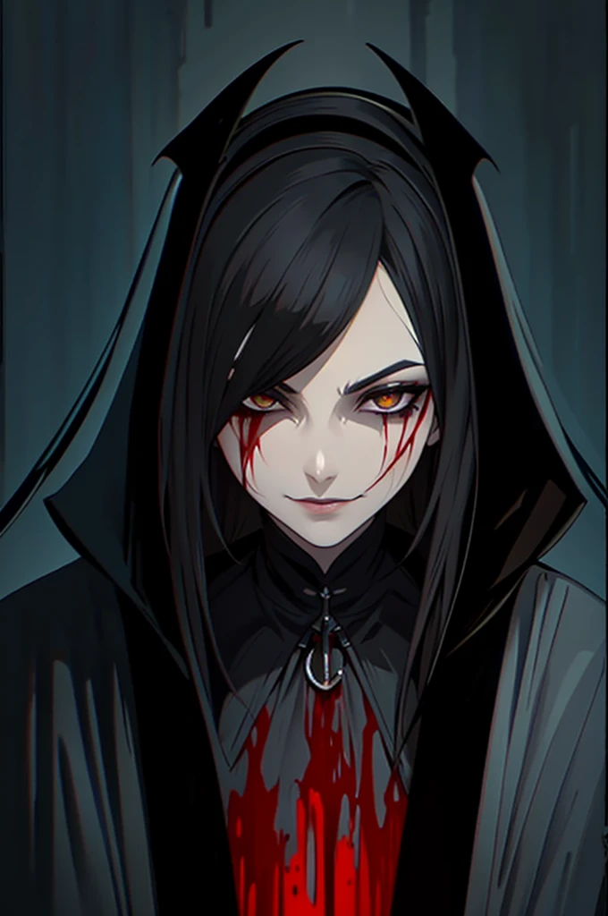 Pale, Creepy cultist, dark elf, low dim lighting, dark chamber, smirk, blood on her face,black background