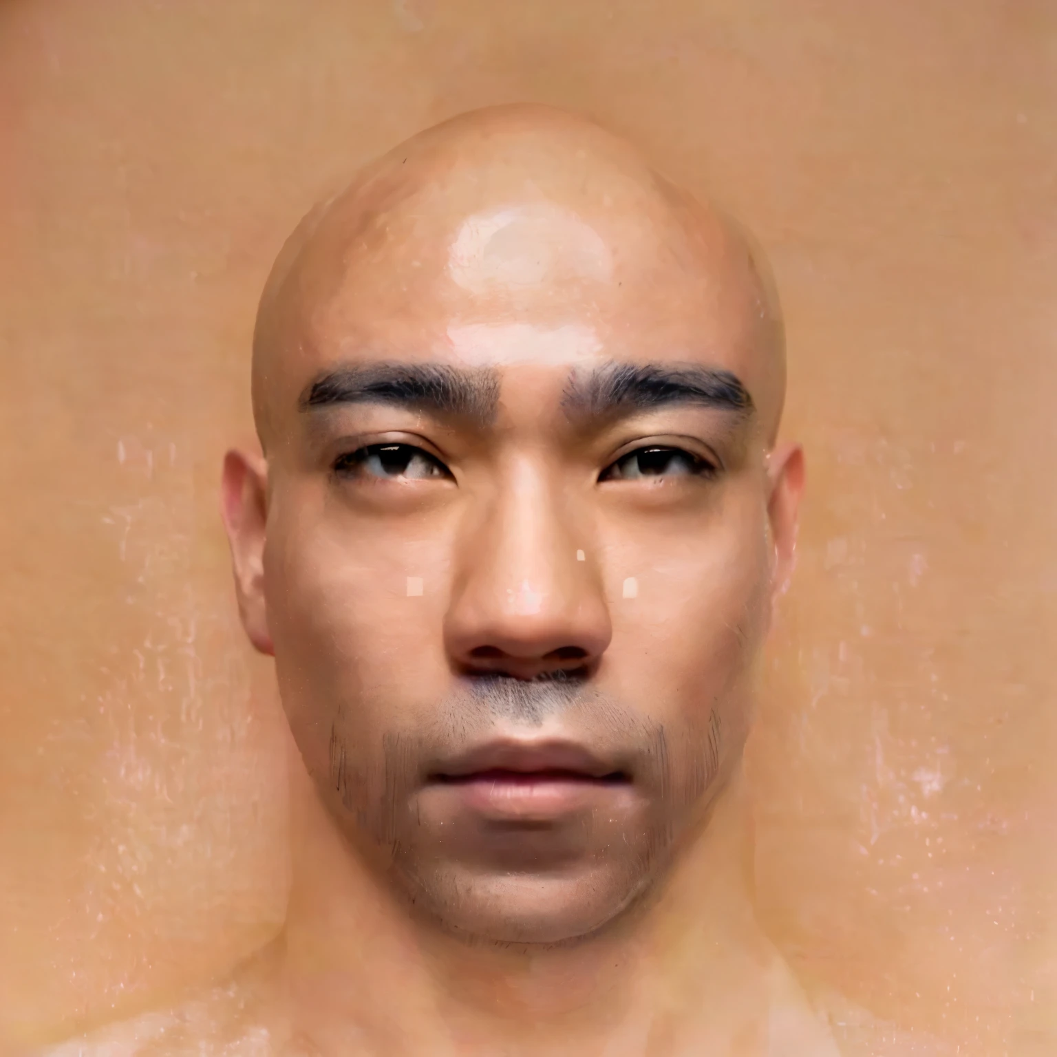 arafed man with a bald head and a shaved face, real human face with skin, korean symmetrical face, south east asian with round face, realistic face and body hybrid, symmetrical facial feature, photorealistic facial features, symetrical face, photorealiscic face, face symmetrical, asian face, symmetrical face portrait, symmetric portrait