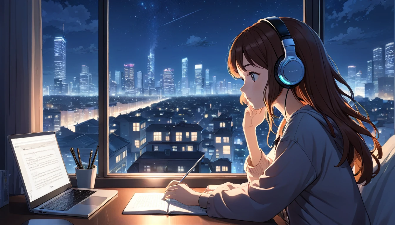 Anime illustration of a woman wearing headphones and staring at a notePC while doing research. The scene is by the window of the city view at night, and the whole atmosphere reflects the soft and calm atmosphere of lo-fi music.