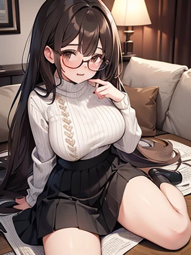 1 female、Brown haired、Brown eyes、Black-rimmed glasses、Charm 、Gorgeous face、Perfect body。Highest quality、Very detailed、8k resolution、RAW Photos、Tabletop。Laughter。sweater、Long skirt。Long Hair、Large Breasts