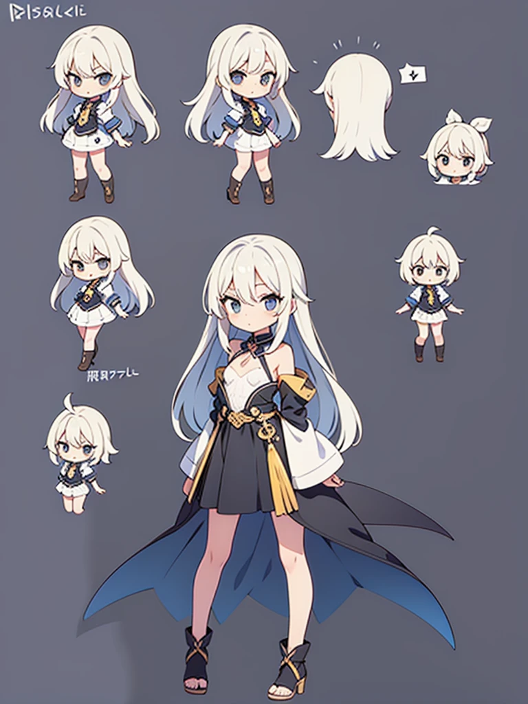 ultra-detailed, grey background, simple background, chibi, arms at sides, upright, concept art, 独奏, cowboy shot, full body, looking at viewer, Long white hair,one piece