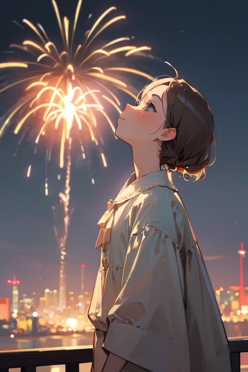 (Masterpiece)、(Highest quality)、(8k).Watch the fireworks、Cute adult woman、(Looking up)、