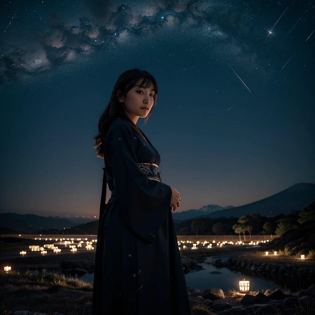 A beautiful lady looking at stars standing in the night in a landscape under Japanese sky