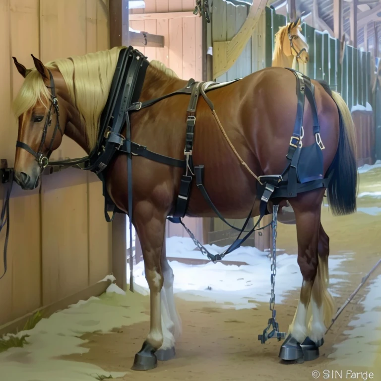 araffe standing in a stable with a harness on, of augean stables, horse laying down, pony facing away, oversized_hindquarters, very handsome, with horse driven, harness, by Lynn Pauley, half horse, horse, by Susan Heidi, lunging at camera :4, horse is up on it's hindlegs, by Linda Sutton