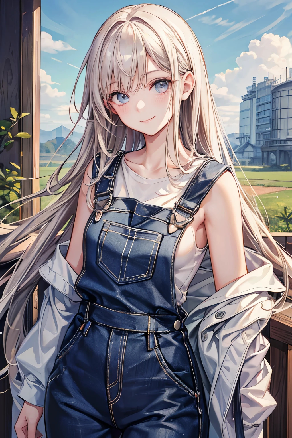 masterpiece,Highest quality,Very detailed,Looking to the side美少女,Completely naked,Overalls,(Looking to the side), ager,Perfect Face,Beautiful and detailed eyes,Beautiful Skin,skinny,Dynamic,smile,farm