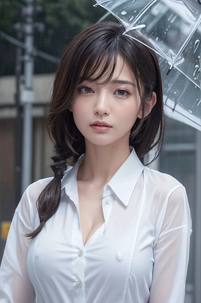 ((Highest quality, 8k, masterpiece: 1.3)), sharp: 1.2, Perfect Body Beauty: 1.4, Slim Abs: 1.2, ((Layered Hairstyles, Big Breasts: 1.2)), (Wet White Button Long Shirt: 1.1), (rain, street: 1.2), Wet: 1.5, Highly detailed face and skin texture, Detailed eyes, double eyelid, Profile looking at the camera,Show off your cleavage