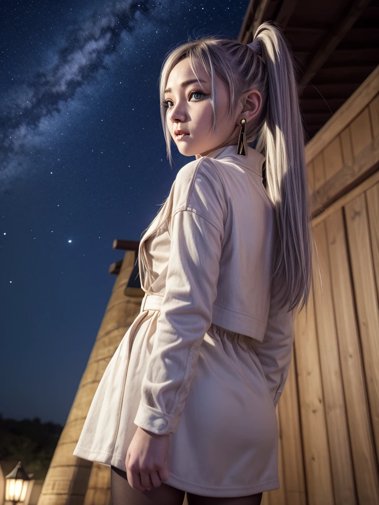 One girl,alone,Fairy,Gray Hair, Grey Hair, Earrings, Pointed Ears, Long Hair, ponytail, Green Eyes, Twin tails, Parted bangs, Thick eyebrows,
Capelet with collar, White capelet, Striped shirt, Long sleeve,Striped, White Skirt,
pantyhose,
Night Sky, performer, Milky Way, milky way,
 