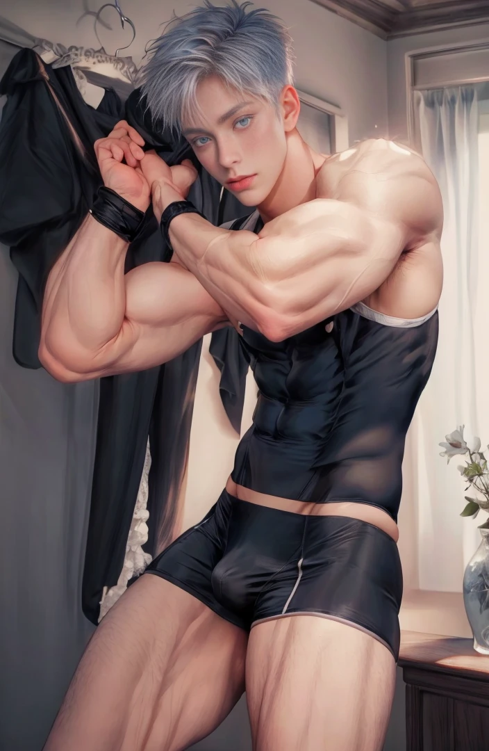 1boy, adult, handsome, perfect face, detailed eyes and face, clean shaved, sixpack realistic, white eyebrow hair, white eyelashes, dynamic lighting, unreal engine 5, hd picture, satoru gojo, white hair, short hair ,hair between eyes ,blue eyes, white skin, milk pink nipple, underwear
