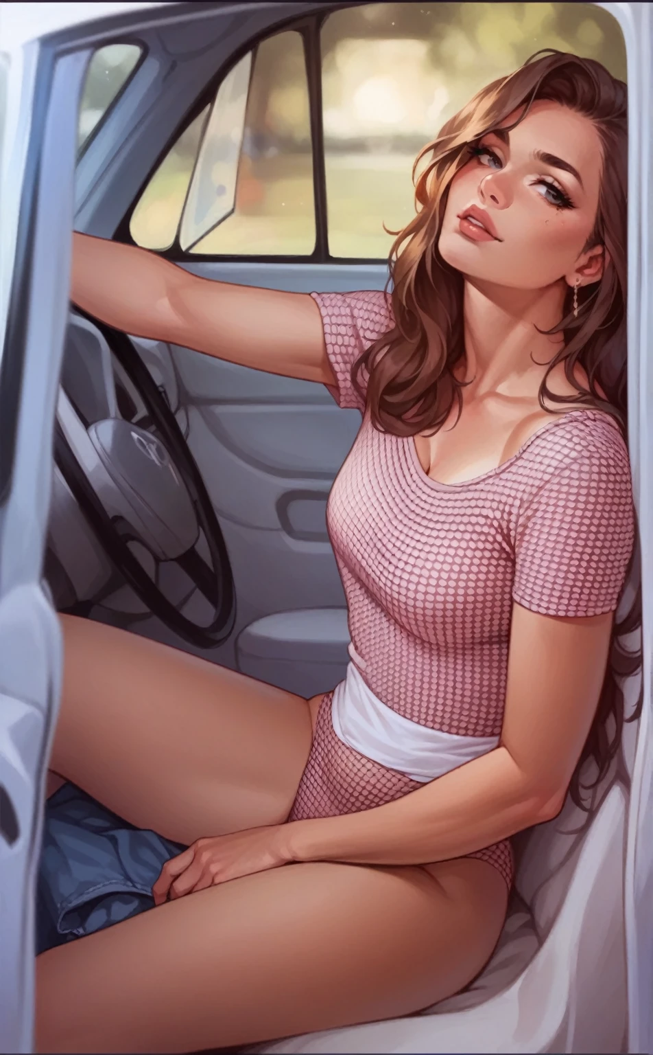 A beautiful woman posing for a photo sitting inside an old car