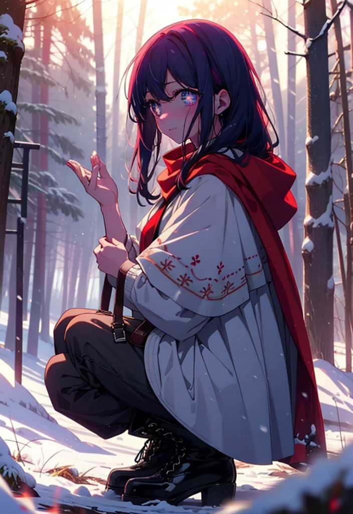 aihoshino, Ai Hoshino, Long Hair, bangs, (Purple eyes:1.1), Purple Hair, (Symbol-shaped pupil:1.5), smile,,smile,blush,white breath,
Open your mouth,snow,Ground bonfire, Outdoor, boots, snowing, From the side, wood, suitcase, Cape, Blurred, , forest, White handbag, nature, Squat, Mouth closed, Cape, winter, Written boundary depth, Black shoes, red Cape break looking at viewer, Upper Body, whole body, break Outdoor, forest, nature, break (masterpiece:1.2), Highest quality, High resolution, unity 8k wallpaper, (shape:0.8), (Beautiful and beautiful eyes:1.6), Highly detailed face, Perfect lighting, Extremely detailed CG, (Perfect hands, Perfect Anatomy),
