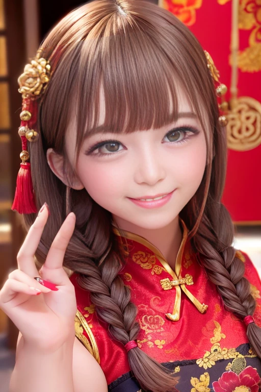 The eyes are very fragile,Double braids and cheongsam,Chinese New Year Decorations((Smiling artwork))), ((Highest quality)), ((Intricate details)), ((Surreal))(8k)