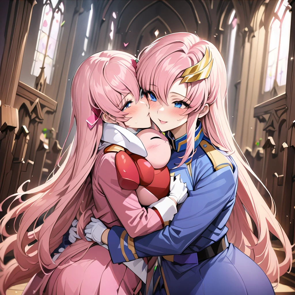((Highest quality)), ((masterpiece)), (detailed), (Perfect Face)、Gundam SEED、The woman is Lacus Clyne, with blue eyes, pink medium-long hair and a hair accessory.、The woman is a senior female officer of the Allied forces and is wearing a white Allied military uniform.、In a gorgeous church, the woman and her superior officer are hugging and kissing each other to celebrate their wedding.、The man was a senior Allied officer, a plump, bald, dignified old man with a beard and wearing a heavily decorated white military uniform.、A man is hugging and kissing a woman at their wedding ceremony