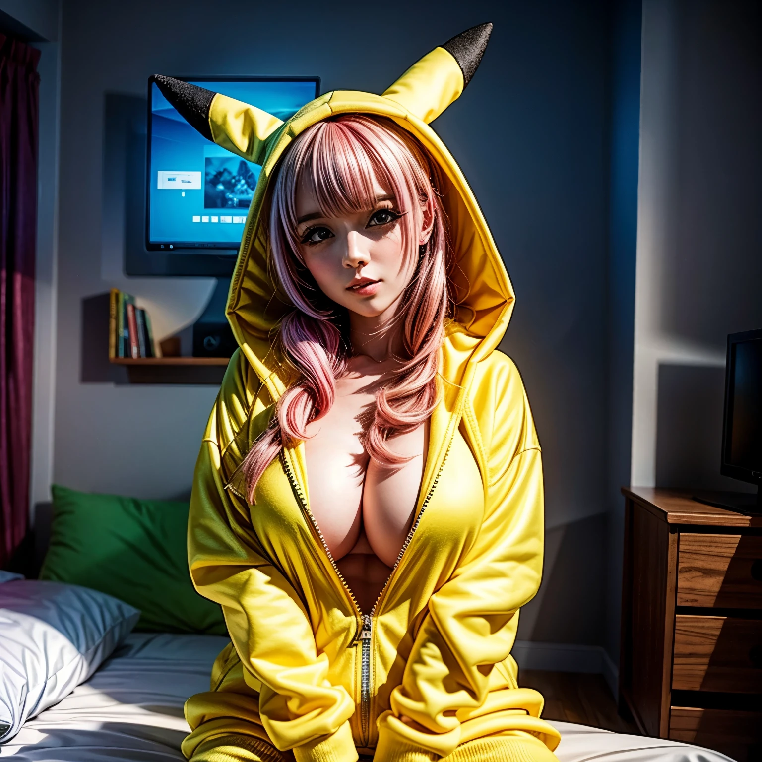 PUNIPUNI KAWAII, a beautiful Pink hair gamer girl, beautiful detailed Blue eyes with (Sparkling Highlights:1.28), beautiful detailed lips,extremely detailed eyes and face,longeyelashes,in a ((Pikachu(Yellow hoodie suit))) (Moe Sleeves:1.2), (Professional photo:1.37), Huge breasts (Overflowing Gigantic cleavage:1.28) close up down blouse (Navel), (perfect lighting), Radiant PearlSkin with Transparency, (Dynamic:1.2) Joyful Expressions LifeLike Rendering, bedroom (from Random view point)