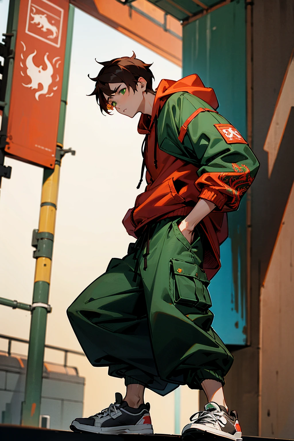 1male, brown hair, green eyes, wearing a baggy red hoodie with dragon embroidery, black cargo pants, white sneakers, standing on a busy street, detailed face, hands to the side, urban background