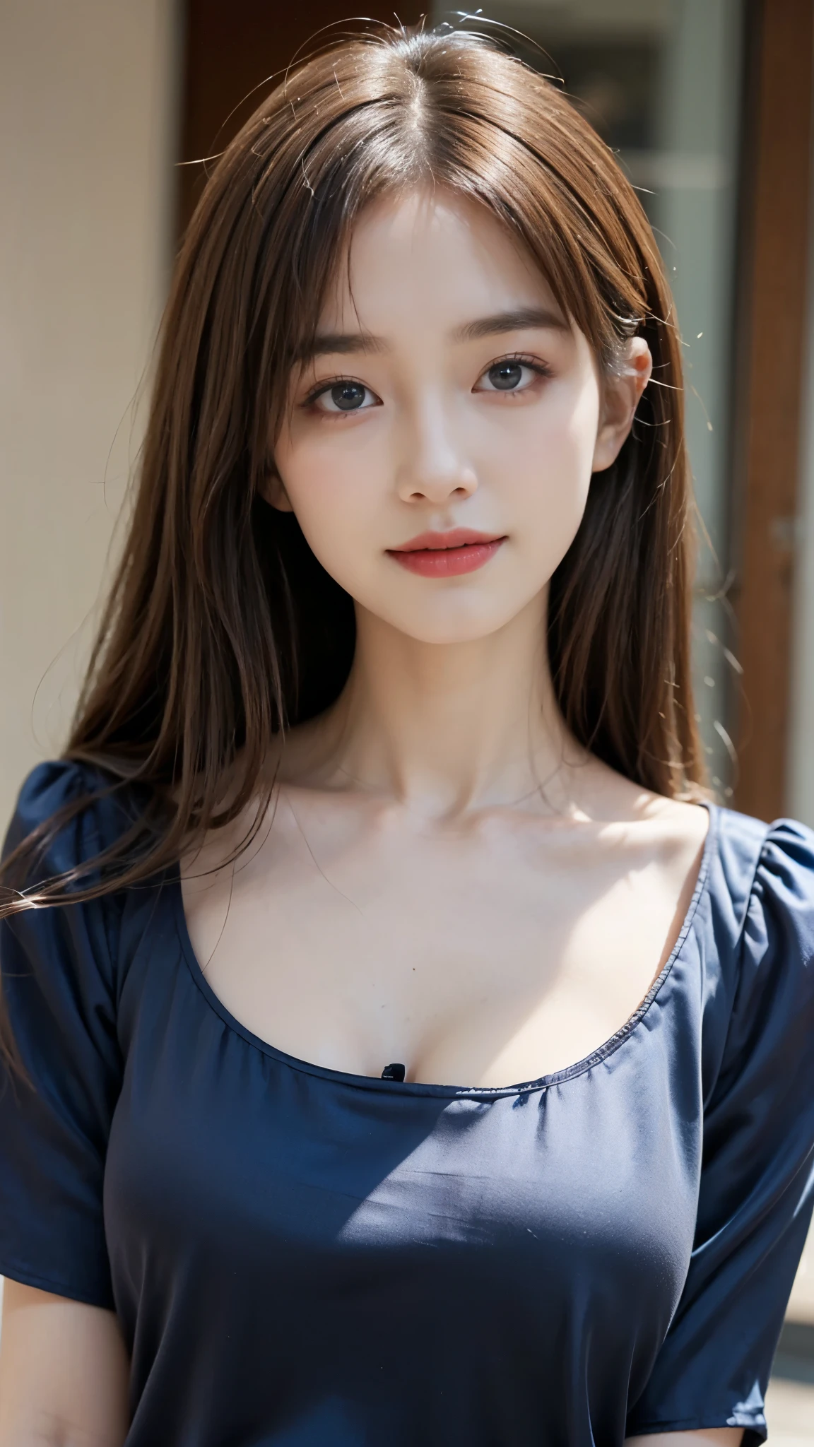 (Gaze at the viewer:1.4、nice smile:1.2)、((:1.2、beautiful girl))、(G cup size breasts:1.2、Cleavage)、Highest quality、Highest quality、Masterpiece、Ultra high definition、Realistic、Slender body line、Beautiful Face、Moisturizing lips、(Smooth straight hair、Brown Hair:1.4)、((Square neck:1.5、Short sleeve tuck sleeve blouse:1.5、Navy blue silk blouse:1.2))、(Detailed eyes and face:1.2、Professional photography techniques)、Cinema Lighting