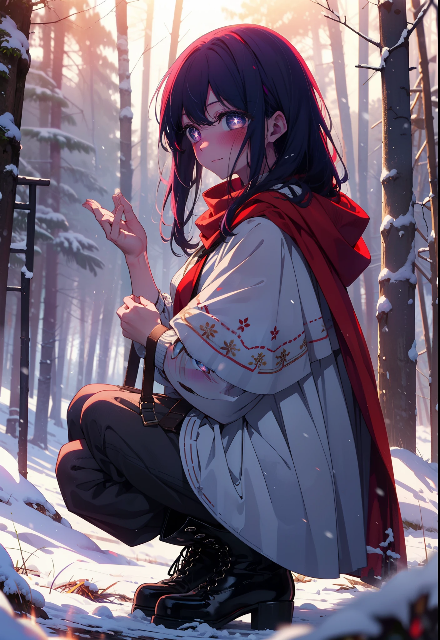 aihoshino, Ai Hoshino, Long Hair, bangs, (Purple eyes:1.1), Purple Hair, (Symbol-shaped pupil:1.5), smile,,smile,blush,white breath,
Open your mouth,snow,Ground bonfire, Outdoor, boots, snowing, From the side, wood, suitcase, Cape, Blurred, , forest, White handbag, nature, Squat, Mouth closed, Cape, winter, Written boundary depth, Black shoes, red Cape break looking at viewer, Upper Body, whole body, break Outdoor, forest, nature, break (masterpiece:1.2), Highest quality, High resolution, unity 8k wallpaper, (shape:0.8), (Beautiful and beautiful eyes:1.6), Highly detailed face, Perfect lighting, Extremely detailed CG, (Perfect hands, Perfect Anatomy),