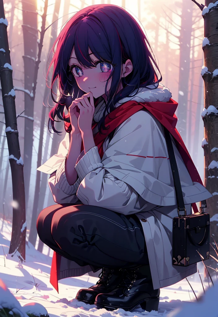 aihoshino, Ai Hoshino, Long Hair, bangs, (Purple eyes:1.1), Purple Hair, (Symbol-shaped pupil:1.5), smile,,smile,blush,white breath,
Open your mouth,snow,Ground bonfire, Outdoor, boots, snowing, From the side, wood, suitcase, Cape, Blurred, , forest, White handbag, nature, Squat, Mouth closed, Cape, winter, Written boundary depth, Black shoes, red Cape break looking at viewer, Upper Body, whole body, break Outdoor, forest, nature, break (masterpiece:1.2), Highest quality, High resolution, unity 8k wallpaper, (shape:0.8), (Beautiful and beautiful eyes:1.6), Highly detailed face, Perfect lighting, Extremely detailed CG, (Perfect hands, Perfect Anatomy),