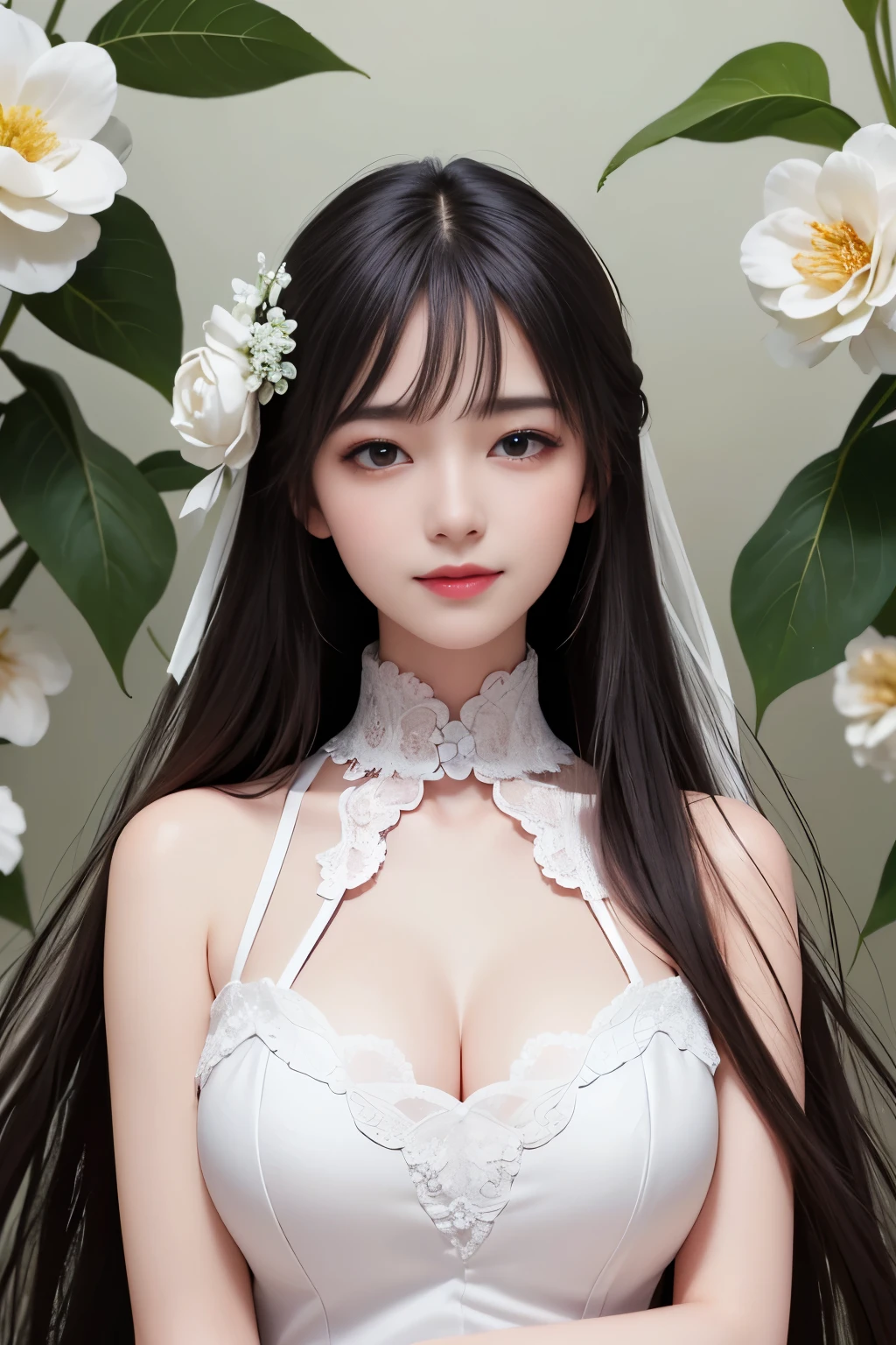 best quality、tmasterpiece、ultra high resolution、actual、1 girl、Glossy skin、((Surreal detailed))、Global photo、8K、Highly complex details、shinning eyes、Black straight hair、highkey、pureerosfaceace_v1、A smile、Elegant pose、plump breasts、White ultra-thin transparent lace、Lots of flowers in the background
