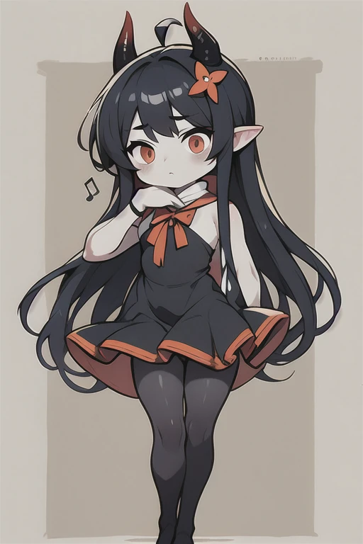 Young Girl,,Wearing a one-piece dress,Mini character,Red eyes,Black Hair,Long Hair,Dark atmosphere,Deformed character,Horns growing,Ahoge,Pale skin,eyes are half closed,Troubled face,Shoulder sticking out,Sleeveless dress,Tight-fitting clothing
