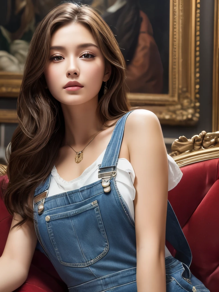 +masterpiece, Highest quality, Ultra high definition, Very detailed, Female student, Beautiful Face, Rich details, (Long brunette hair), Perfect Face, Overalls, Sitting, close, Shabby sofa