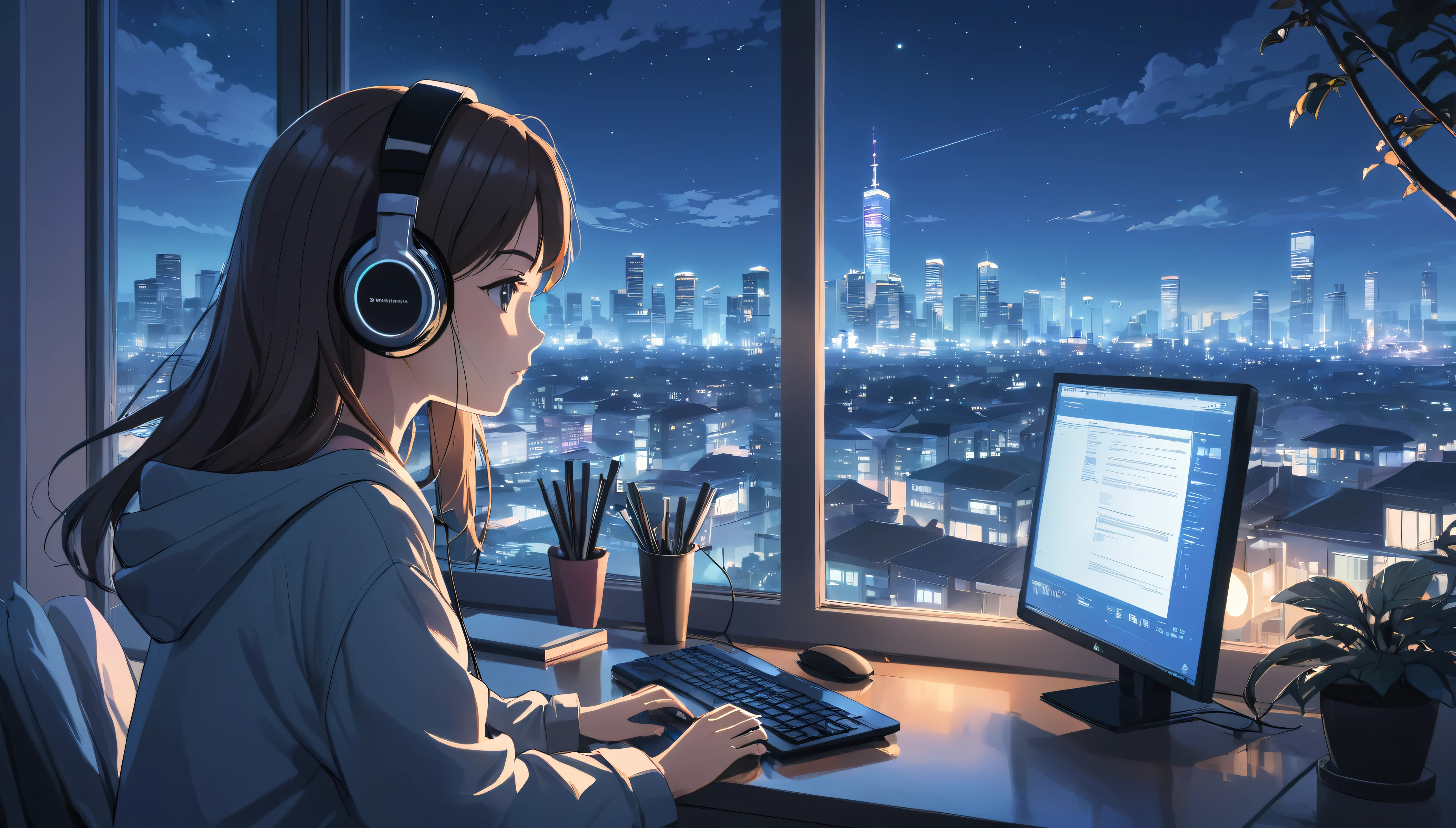Anime illustration of a woman wearing headphones and staring at a PC while doing research. The scene is by the window of the city view at night, and the whole atmosphere reflects the soft and calm atmosphere of lo-fi music.