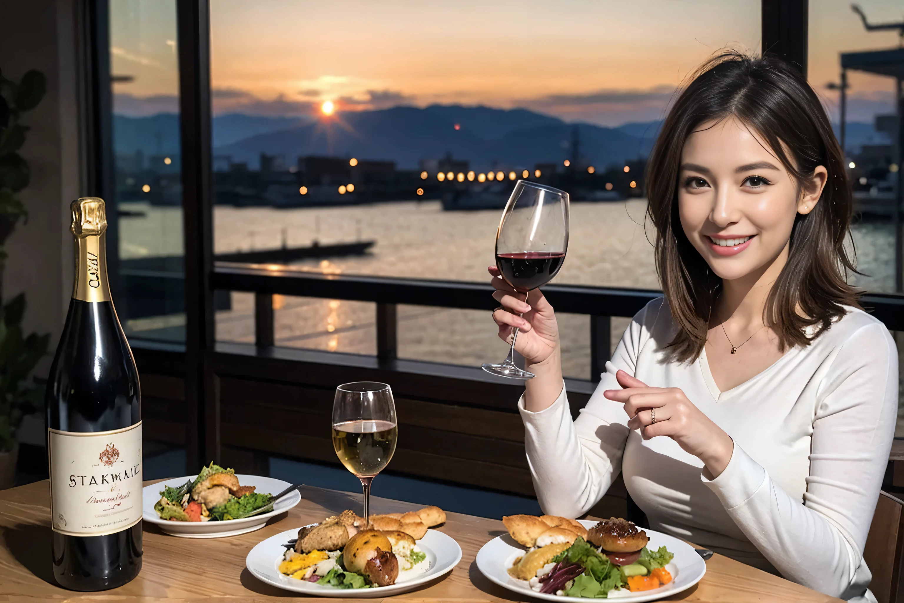 （Realistic:1.1）,(masterpiece,Highest quality)，8k,(49 years old), 53 years old, slimカップル、Tight waist,Upper Body,full-course dinner、wine 、Amazing view of the sunset sky and clouds、Perfect Anatomy, Brown Hair, short hair,Random Hairstyles,((Highly detailed face and eyes:1.2))，Perfect golden ratio face，Long sleeve shirt、dress,(smile:1.2)、Shortcuts、cute、(Realistic, Intricate details:1.2), A bright smile、short hair,Bright Face、赤wine 、Appetizers、Italian food、wine bottle、Champagne、スパークリングwine、(slimな顔), (The body is slim), (Brown Hair), (Shortcuts),  Upper Body, 白wine, slim, wineグラス, 