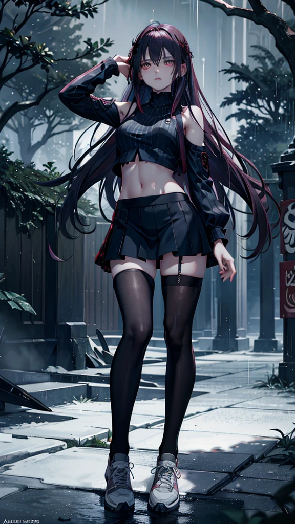 , perfect face, scared, aroused, pale skin, long silver hair, crop top, pink pantyhose, sneakers, (camel toe:0.3), extra small breasts, full body, Hand Behind Head Pose, blood-soaked clothes, blood on face, blood splattered, bloody mess. Forest, flowers, shadowy trees, scary trees. The overall atmosphere is night eerie and somber, bad weather, dark clouds, heavy rain, crimson raindrops. Night lighting, cool tones, blue hue, (absurdres:1.3), (saturation:0.2), (highlight:0.3), (brightness:0.3) detailed background, hd quality, ultra_detailed, highres, masterpiece, best quality,