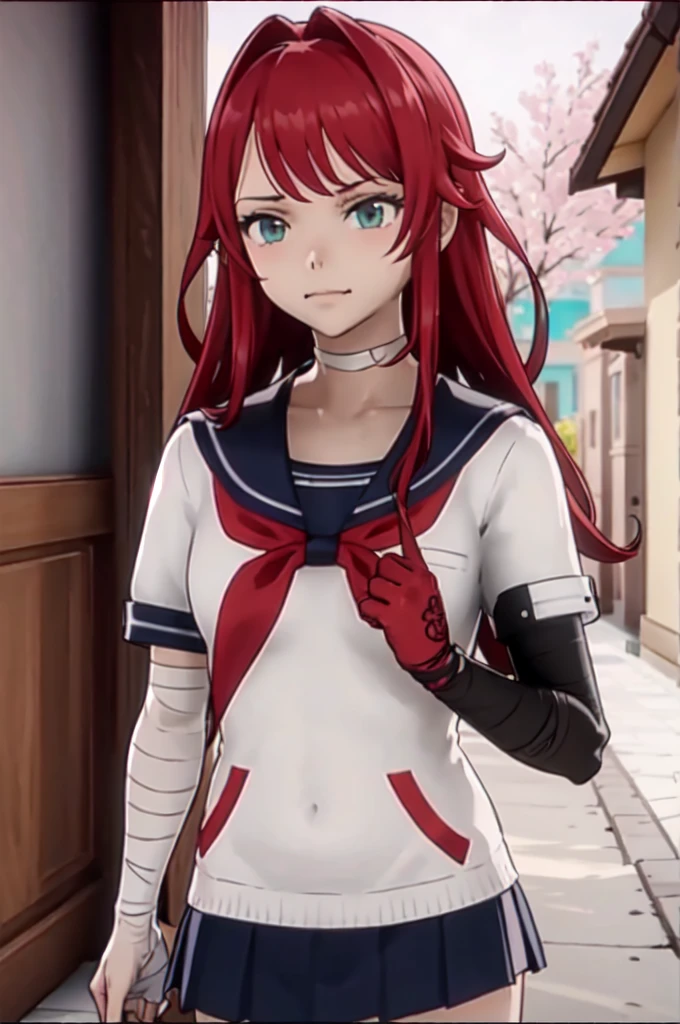 yandere_style, (1girl:1.3),, ultra detailed, masterpiece, best quality, aesthetic, detailed,, ultra detailed, masterpiece, best quality, solo, smirk, 1girl, red hair, teal eyes, bandage on face, bandage arms, long hair, styled hair