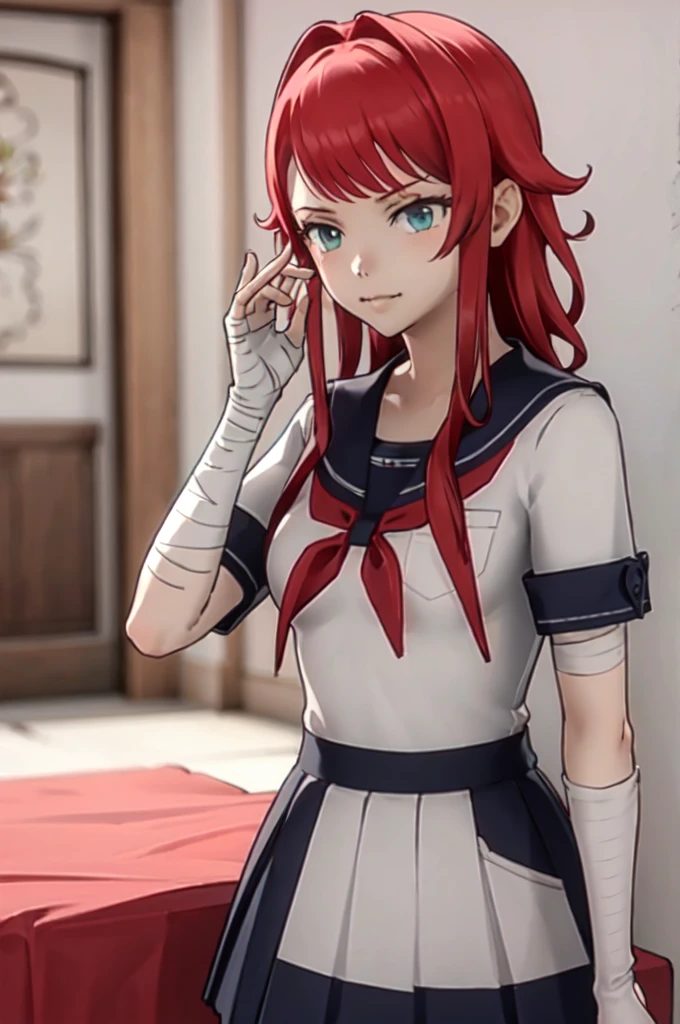 yandere_style, (1girl:1.3),, ultra detailed, masterpiece, best quality, aesthetic, detailed,, ultra detailed, masterpiece, best quality, solo, smirk, 1girl, red hair, teal eyes, bandage on face, bandage arms, long hair, styled hair