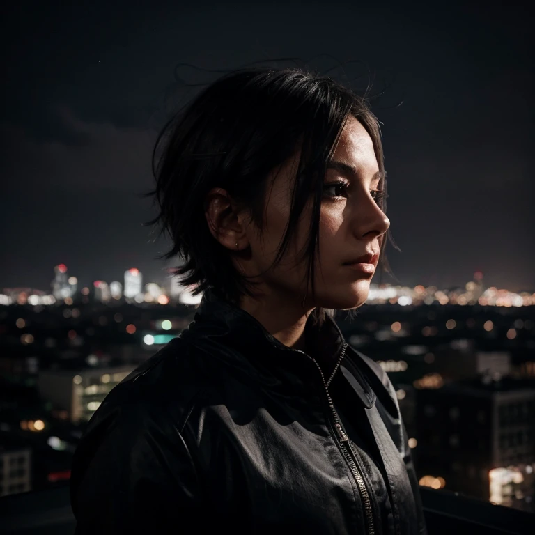 dark silhouette girl, short gray hair blowing in the wind, against the backdrop of a night city, thoughtful face