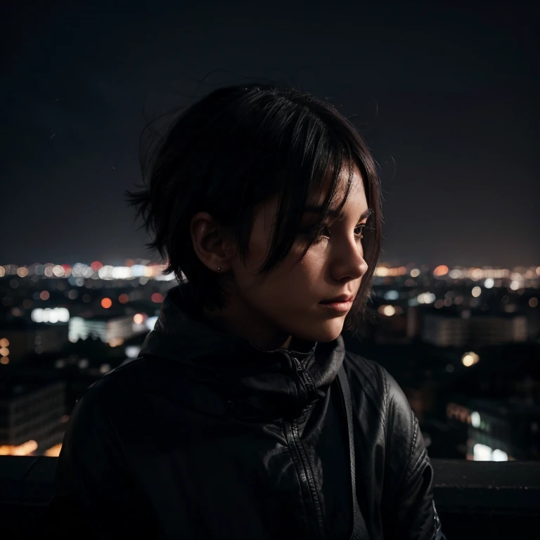 dark silhouette girl, short gray hair blowing in the wind, against the backdrop of a night city, thoughtful face