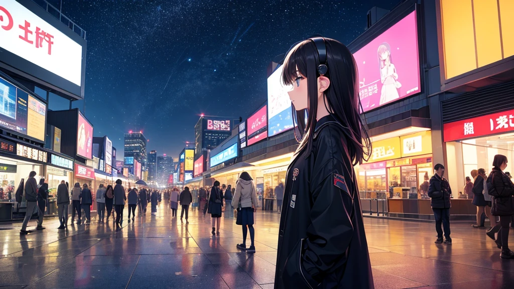 Standing in a place where you can see Kansai International Airport。A young girl with black hair wearing stylish clothes and headphones labeled "lo-fi" The girl is shown in profile, gazing into the distance with a calm, relaxed expression Background depicts the iconic scenery of Namba, Osaka at night, without any text on signs A starry night sky adding to the peaceful atmosphere Overall mood is quiet and serene, perfect for lo-fi music Detailed hair rendering and careful attention to the girl's fashionable outfit The entire scene should evoke a relaxing, introspective feeling associated with lo-fi music