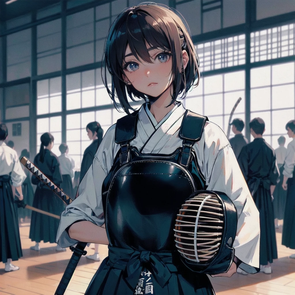masterpiece, (textured skin), best quality, gorgeous beautiful girl, (a female kendo athlete), detailed clothes,large breasts,narrow waist,, (beautiful face), cinematic lighting, (at kendo venue ),