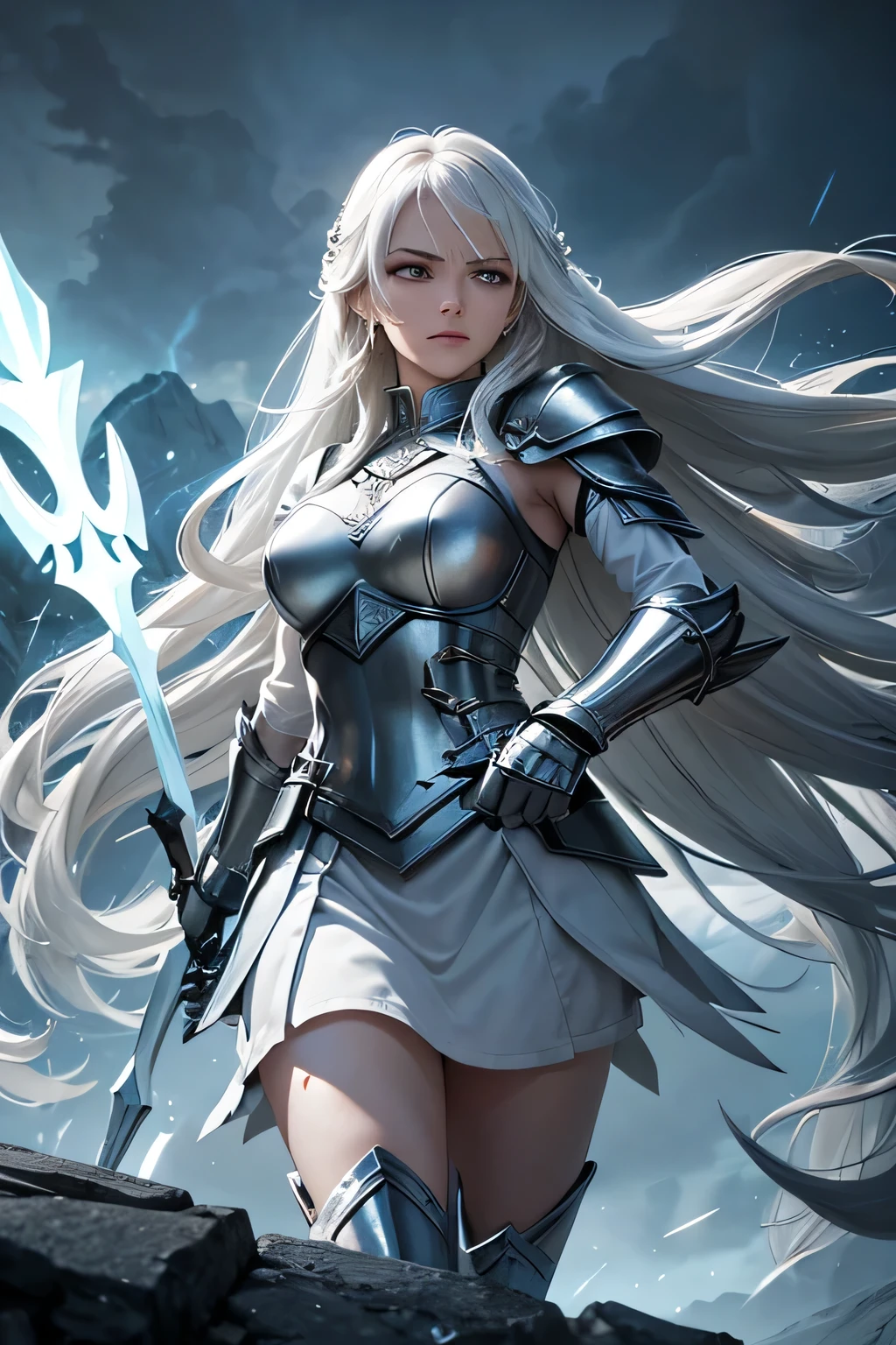 A long white-haired Valkyrie clad in gleaming armor stands courageously on a divine battlefield. The background is illuminated by flashes of lightning, highlighting the intensity of the fierce combat surrounding her. She wields a powerful spear, her gaze fierce and determined as she leads the charge against formidable foes. The sky is a bright blue, contrasting with the dark storm clouds, creating a dramatic daytime scene.