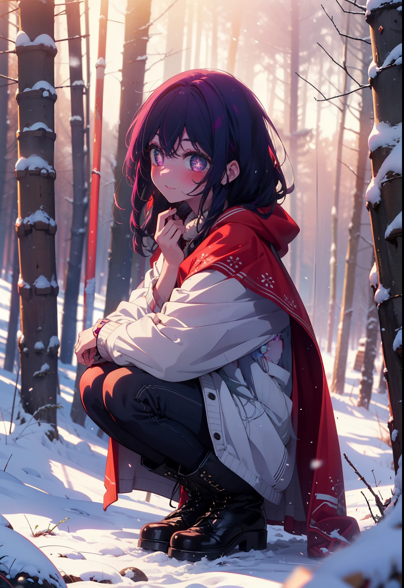 aihoshino, Ai Hoshino, Long Hair, bangs, (Purple eyes:1.1), Purple Hair, (Symbol-shaped pupil:1.5), smile,,smile,blush,white breath,
Open your mouth,snow,Ground bonfire, Outdoor, boots, snowing, From the side, wood, suitcase, Cape, Blurred, , forest, White handbag, nature,  Squat, Mouth closed, Cape, winter, Written boundary depth, Black shoes, red Cape break looking at viewer, Upper Body, whole body, break Outdoor, forest, nature, break (masterpiece:1.2), Highest quality, High resolution, unity 8k wallpaper, (shape:0.8), (Beautiful and beautiful eyes:1.6), Highly detailed face, Perfect lighting, Extremely detailed CG, (Perfect hands, Perfect Anatomy),