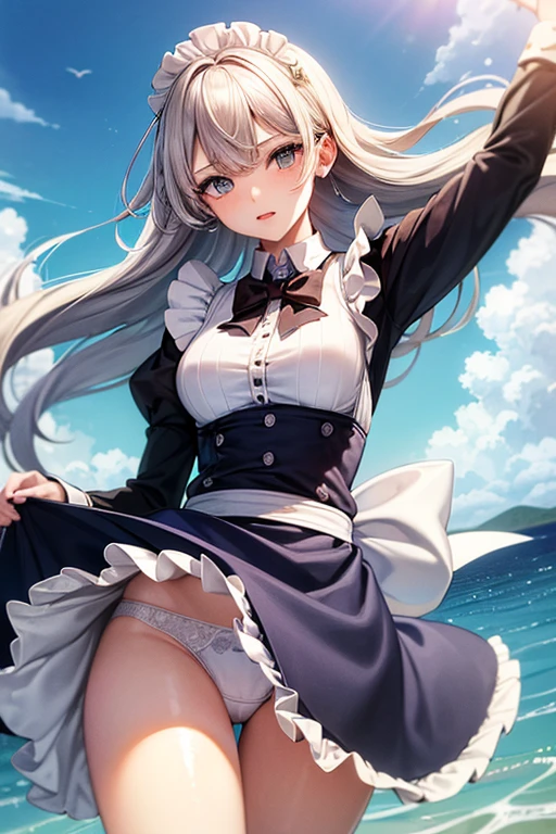 (master_piece, high_quality, beautiful, super delicate, absurdres:1.2), 1girl, mature, 16 years old, beautiful face, ahoge, hair fluttering in the wind, white hair, blue eye, (maid suit, long skirt, The wind is blowing, Skirt flipped up, I can see your underwear, skirt that flipped in the wind, skirt billowing, I can see your underwear, wind lift:1.2), port, (clear water, gemstone sea:1.2), Ship in the distance, The trails that planes make, blue sky, Sunshine, street in the distance,