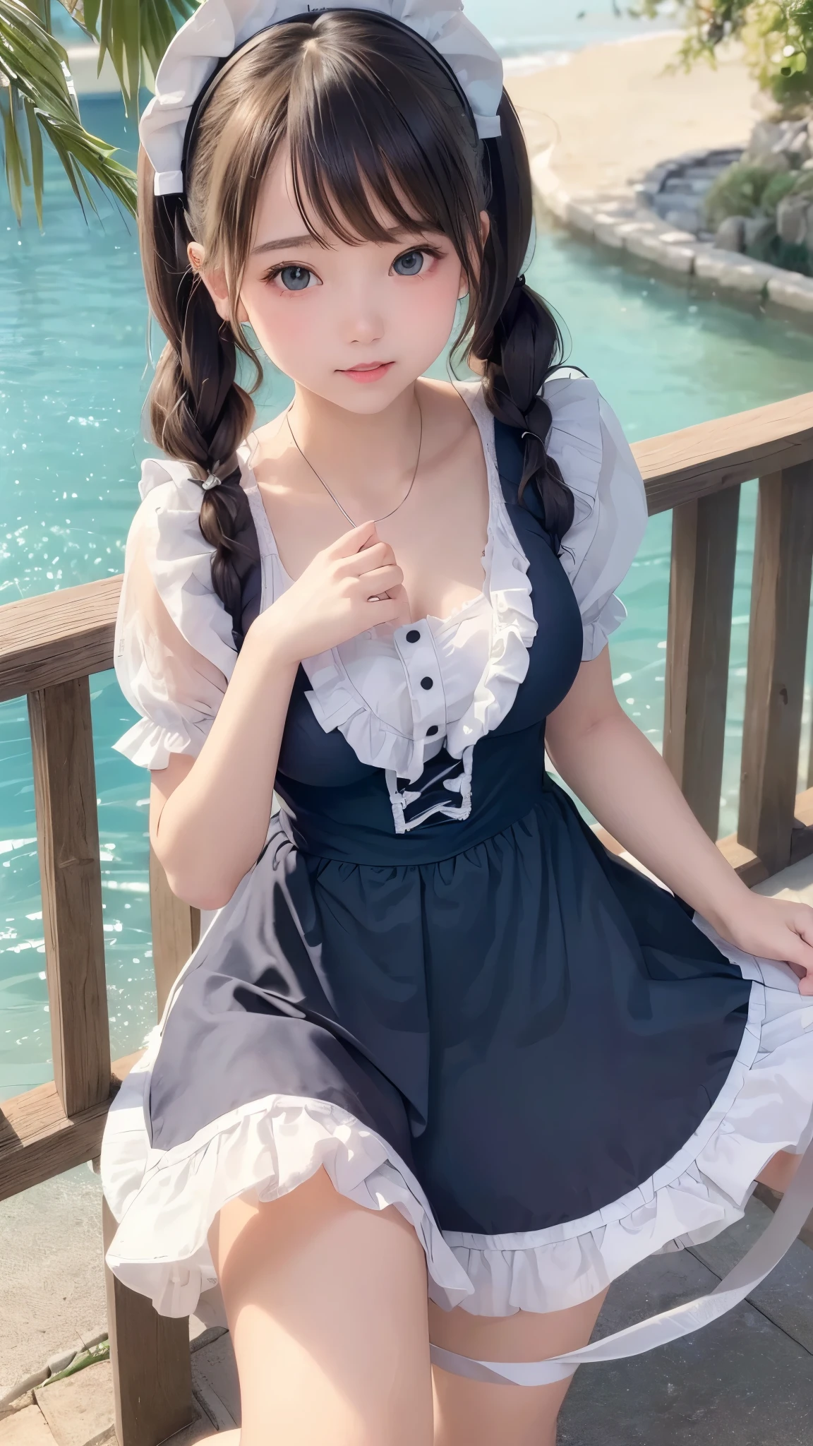 ((masterpiece)), ((highest quality、Ultra high definition)), (Very detailed),8K、Photo quality、((Amazingly cute girl)),)), Two people, , (Beautiful emerald blue eyes), ((smile)),In the open-air bath overlooking the sea, Beautifully arranged black hair in twin tails、スリムボディー、(((Cute lolita maid stylimsuit)))、Professional Lighting、(White lace knee-highore detailed and beautiful)、(More details and cutenesore realistic)、((Just wear light clothing))、プールではしゃぐ、