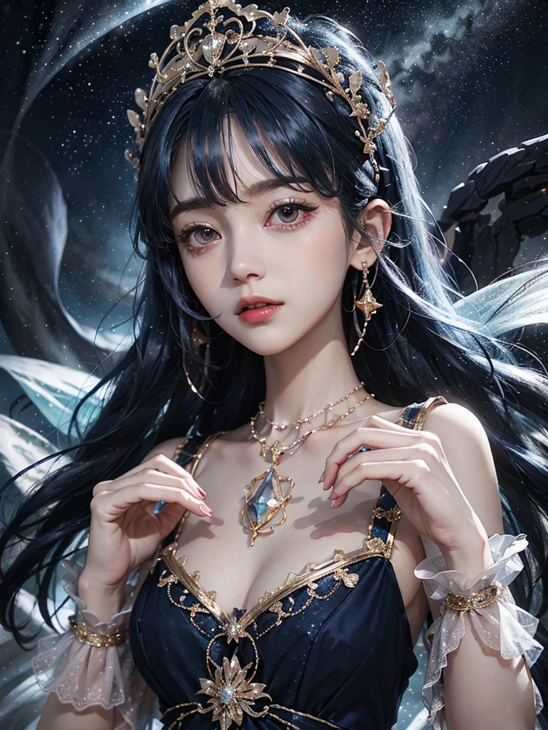 Ultra HD、A beautiful blue-haired character、Upper Body、とてもBig eyes、Big eyes、Fortune teller with crystal、Holding the crystal in both hands、Red burning cheeks、Night scene with starry sky background、Wearing a gorgeous dress、Subtle details、A fantastic atmosphere、Anime style、Disney style