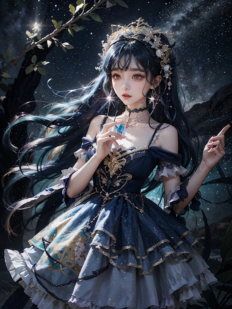 Ultra HD、A beautiful blue-haired character、Upper Body、とてもBig eyes、Big eyes、Fortune teller with crystal、Holding the crystal in both hands、Red burning cheeks、Night scene with starry sky background、Wearing a gorgeous dress、Subtle details、A fantastic atmosphere、Anime style、Disney style