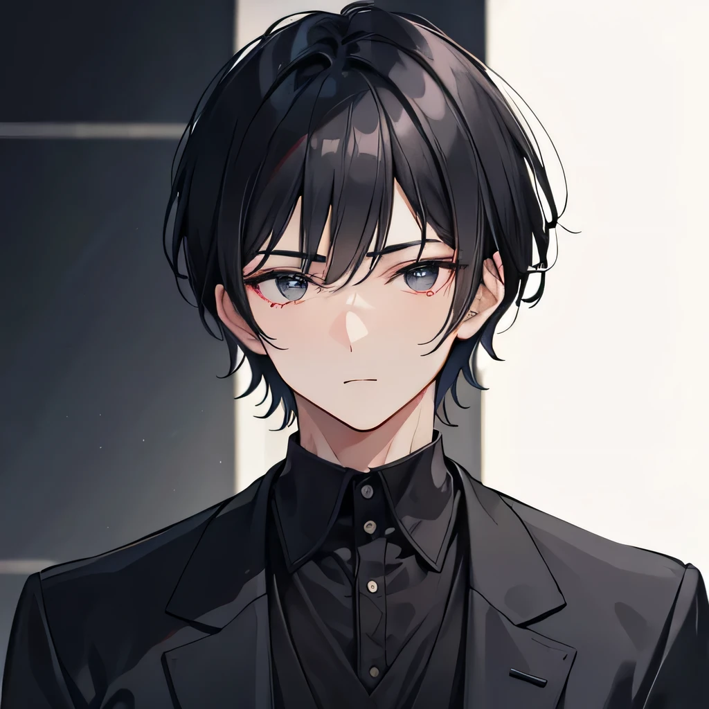 Black hair, short hair, handsome face, black suit,