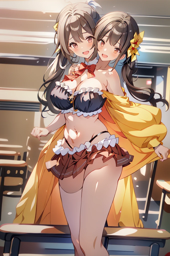 ((masterpiece)), 1girl, twintails, swept bangs, brown eyes, huge breasts, blue ribbon, open belly, red pleated bowtie, brown skirt, black legwear, barefoot, exposed midriff, sexy pose, smile, open mouth, looking to the side, outside school background, 3heads,