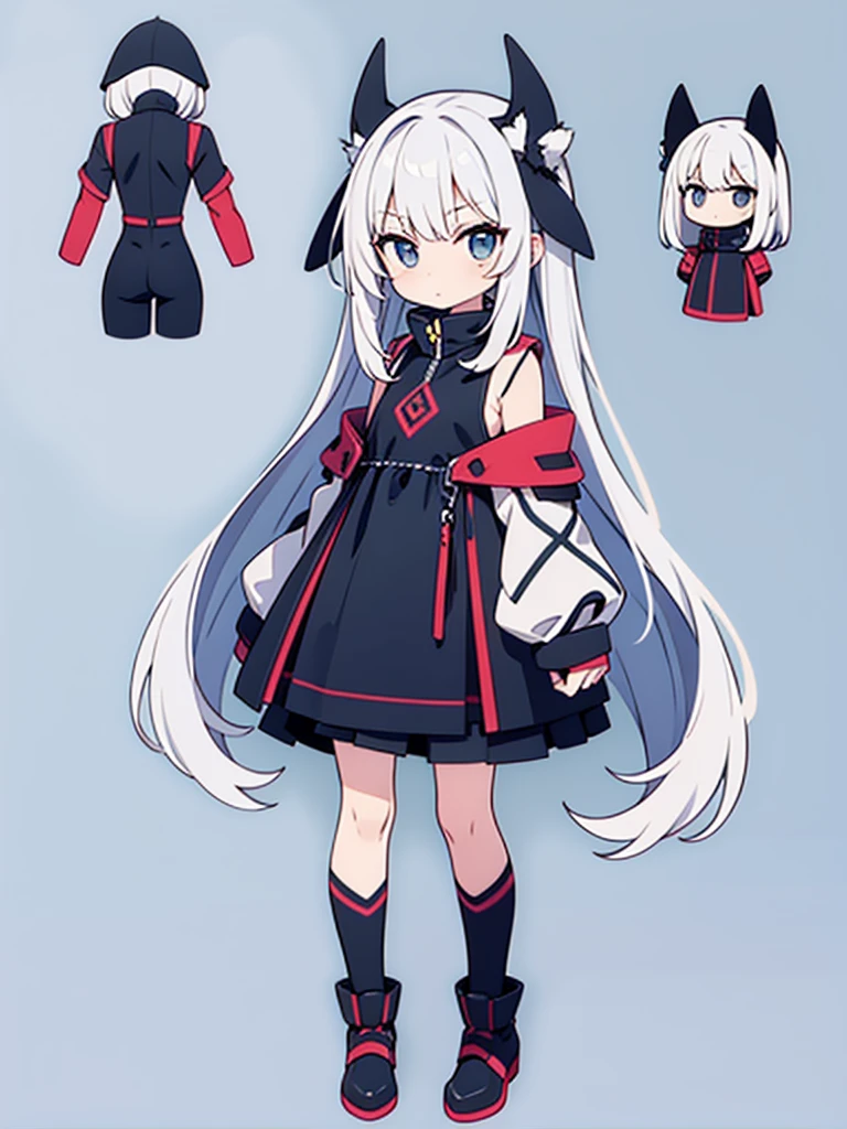 ultra-detailed, grey background, simple background, chibi, arms at sides, upright, concept art, 独奏, cowboy shot, full body, looking at viewer, Long white hair
