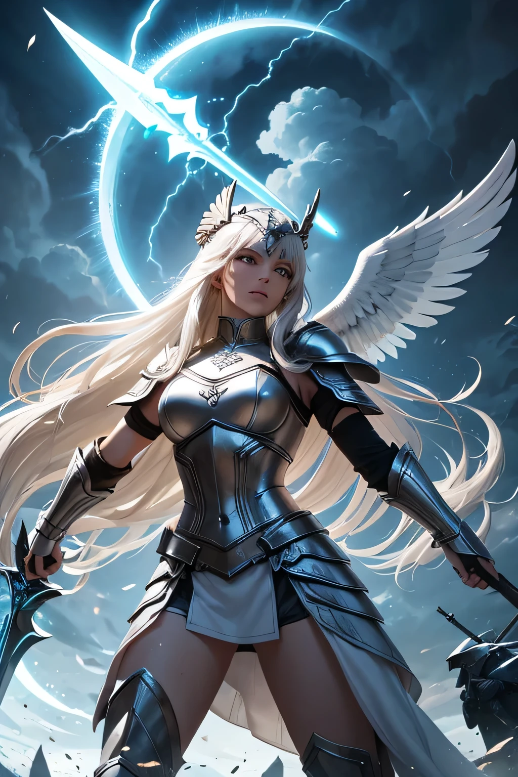 A long white-haired Valkyrie clad in gleaming armor stands courageously on a divine battlefield. The background is illuminated by flashes of lightning, highlighting the intensity of the fierce combat surrounding her. She wields a powerful spear, her gaze fierce and determined as she leads the charge against formidable foes. The sky is a bright blue, contrasting with the dark storm clouds, creating a dramatic daytime scene.
