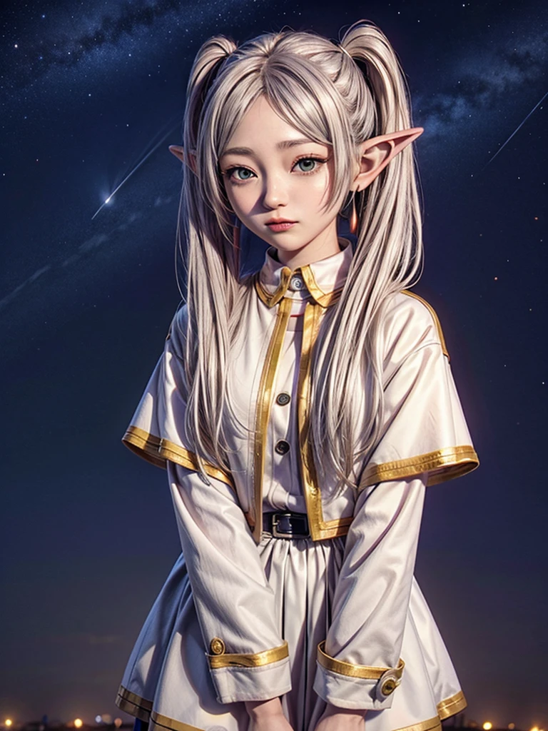 One girl,alone,Fairy,Gray Hair, Grey Hair, Earrings, Pointed Ears, Long Hair, ponytail, Green Eyes, Twin tails, Parted bangs, Thick eyebrows,
Capelet with collar, White capelet, Striped shirt, Long sleeve,Striped, White Skirt,
pantyhose,
Night Sky, performer, Milky Way, milky way,
 