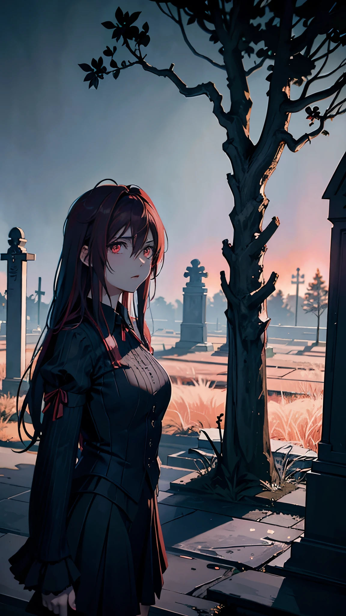 anime style dark spooky graveyard barren trees clear blood red sky detailed shadows moonlight glowing fog intricate tombstones eerie atmosphere high contrast dramatic lighting detailed background