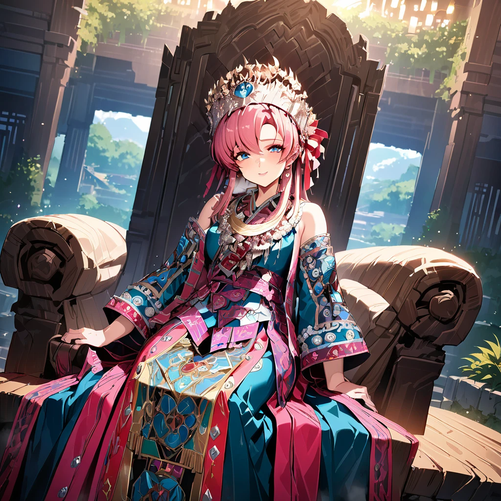 ((Highest quality)), ((masterpiece)), (detailed), （Perfect Face）、The woman is Lacus Clyne, with blue eyes, semi-long pink hair, and is wearing a gorgeous national costume and a gorgeous headdress.、She is seated on a magnificent throne next to her husband, the dignified, bearded, middle-aged emperor.