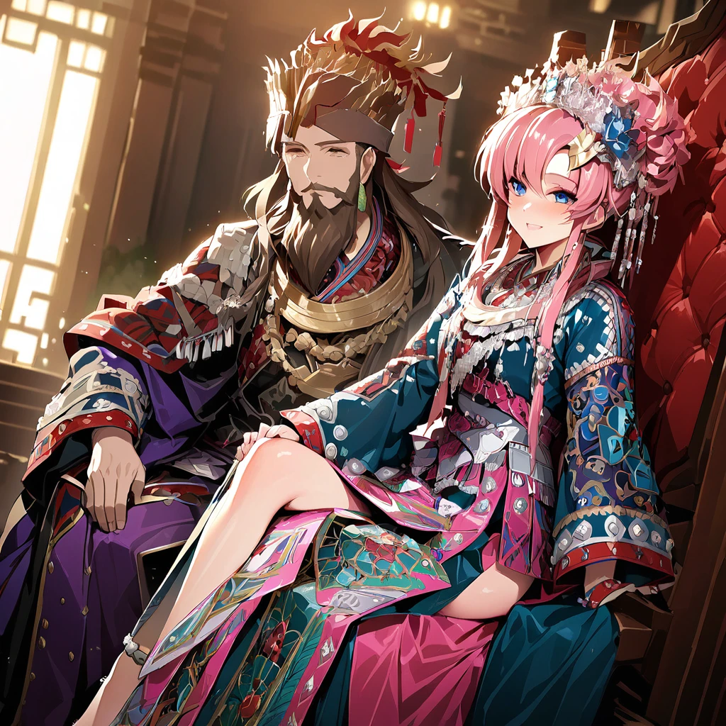 ((Highest quality)), ((masterpiece)), (detailed), （Perfect Face）、The woman is Lacus Clyne, with blue eyes, semi-long pink hair, and is wearing a gorgeous national costume and a gorgeous headdress.、She is seated on a magnificent throne next to her husband, the dignified, bearded, middle-aged emperor.