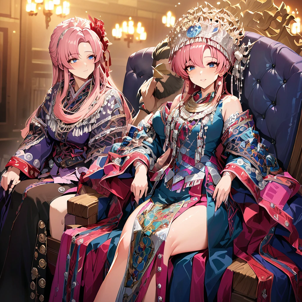 ((Highest quality)), ((masterpiece)), (detailed), （Perfect Face）、The woman is Lacus Clyne, with blue eyes, semi-long pink hair, and is wearing a gorgeous national costume and a gorgeous headdress.、She is seated on a magnificent throne next to her husband, the dignified, bearded, middle-aged emperor.