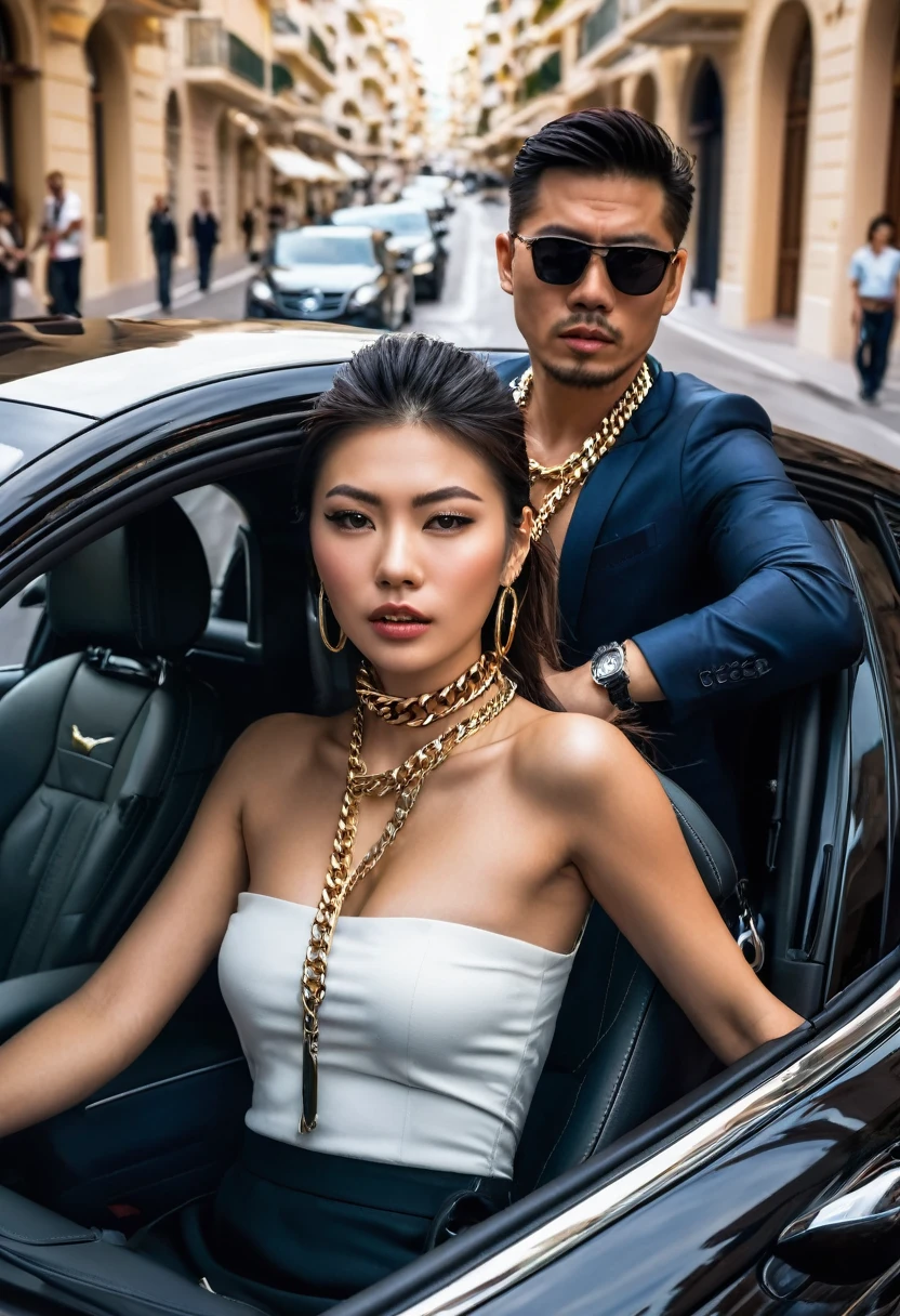beautiful girl dressed casually with style, driving a luxury car on the streets of Monaco,The Asian man's neck is tied to the back of the car with a chain, and the man is outside the car with a fierce face
