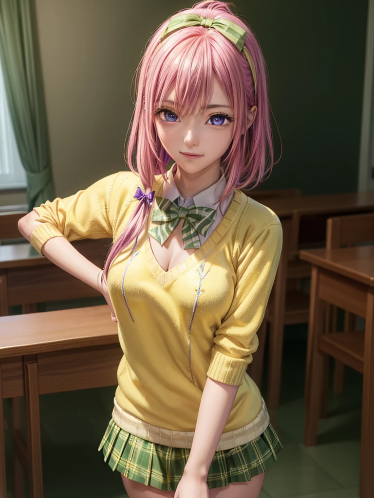 Momodebilke, Deviluke Type, demon tail, Hair Flower, hair ornaments, (Purple eyes:1.1), Pink Hair, short hair, tail, smile,
break demon tail, green skirt, Plaid, Plaid skirt, Sainan High , , skirt, Sweater vest, Knee socks, (Yellow Sweater:1.5), Short sleeve, bow, (green bow:1.5),
break indoors, classroom,
break looking at viewer, (Cowboy Shot:1.5),
break (masterpiece:1.2), Highest quality, High resolution, unity 8k wallpaper, (figure:0.8), (beautiful detailed eyes:1.6), extremely detailed face, Perfect lighting, extremely detailed CG, (Perfect hands, Perfect Anatomy),